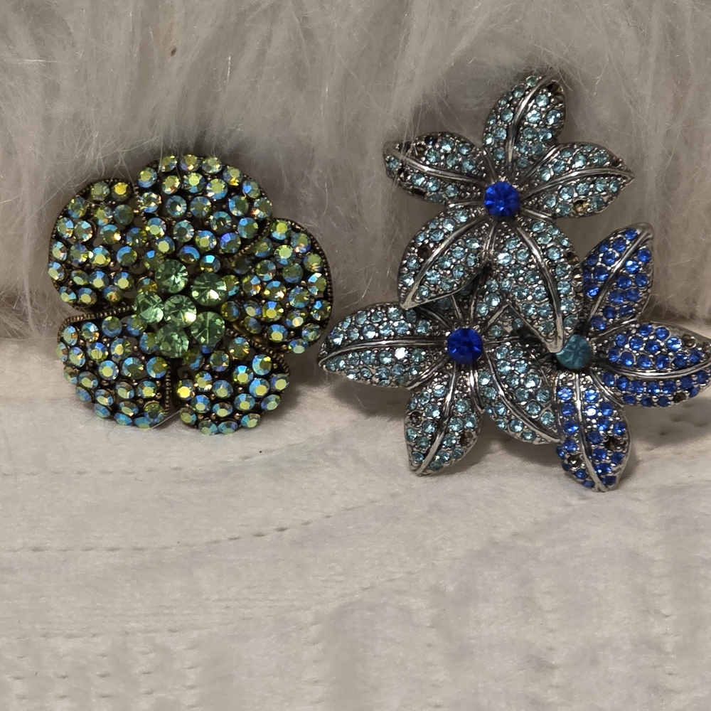 Vintage Style Rhinstone Floral Statement Brooches - Blue & Green